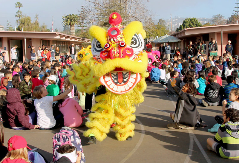 Yellow Lion Costume at School Performance